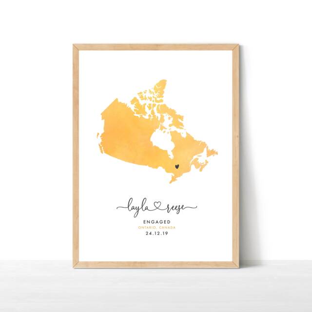 Personalised Engagement Gift, Map Print, Destination Travel Map, Watercolour Wedding Canada Print - image 1