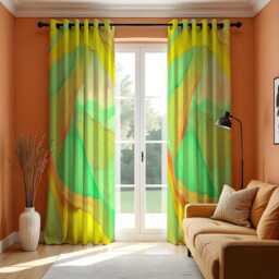Abstract Green Yellow Curtains, Colorful Fluid Wave Pattern Drapes, Custom Size Window Treatment Panels For Contemporary Homes - thumbnail 2