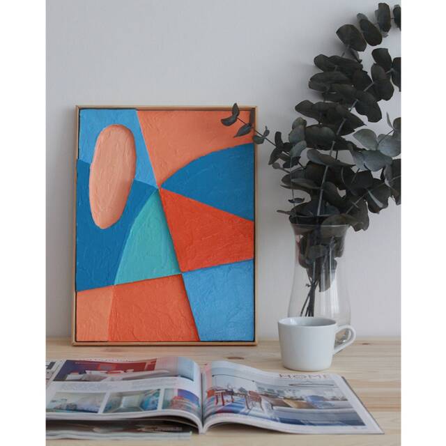 3D Wall Art, Colorful Painting, Textured Plaster Framed Artwork, Sculptural Modern Orange Blue Artwork - image 1