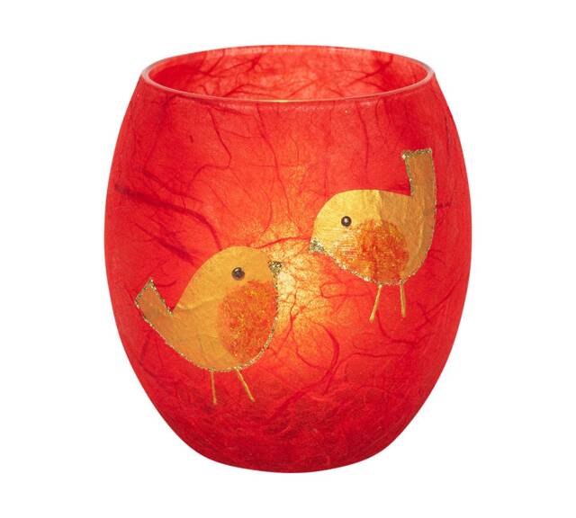 Red Robin Candle Holder - Hand Decorated Strawsilk Glass Candle - image 1