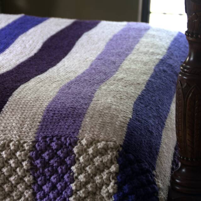 Purple Striped Blanket Hand Knit, Non-Wool Afghan, Winter Gift - image 1