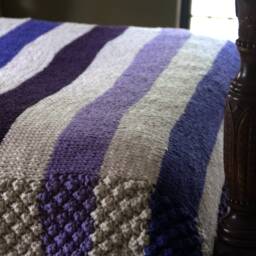 Purple Striped Blanket Hand Knit, Non-Wool Afghan, Winter Gift
