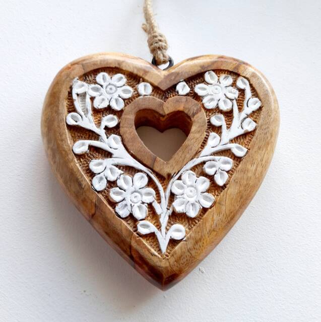 Large Mango Wood Hand Carved Open Centre Hanging Heart With White Flower Detail - Decoration Wall Rustic - image 1