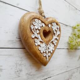 Large Mango Wood Hand Carved Open Centre Hanging Heart With White Flower Detail - Decoration Wall Rustic - thumbnail 3