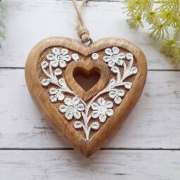 Large Mango Wood Hand Carved Open Centre Hanging Heart With White Flower Detail - Decoration Wall Rustic - thumbnail 2