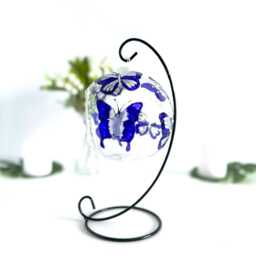 Hand Painted Blue Butterfly Glass Tea Light Holder With Metal Stand - thumbnail 4