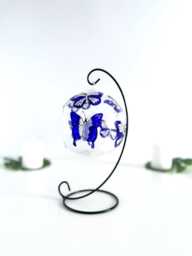 Hand Painted Blue Butterfly Glass Tea Light Holder With Metal Stand