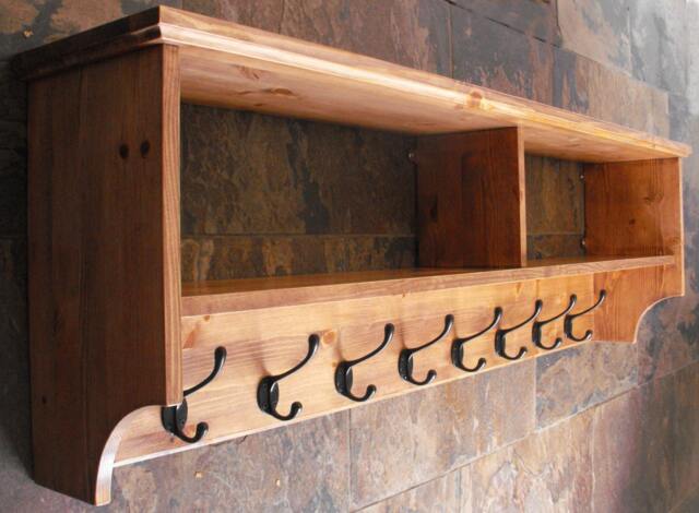 Wide Hat & Coat Rack With Shelf. Wall Mounted Solid Wood Display Shelves Cast Iron Hooks For Hall Kitchen Bathroom Or Bedroom - image 1