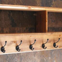 Wide Hat & Coat Rack With Shelf. Wall Mounted Solid Wood Display Shelves Cast Iron Hooks For Hall Kitchen Bathroom Or Bedroom - thumbnail 2