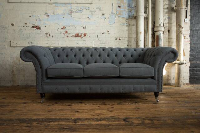 Unique British Handmade 3 Seater Chesterfield Sofa - Reflex Cushion Seat Dark Grey Plain Wool - image 1