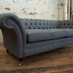Unique British Handmade 3 Seater Chesterfield Sofa - Reflex Cushion Seat Dark Grey Plain Wool - thumbnail 3