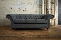 Unique British Handmade 3 Seater Chesterfield Sofa - Reflex Cushion Seat Dark Grey Plain Wool