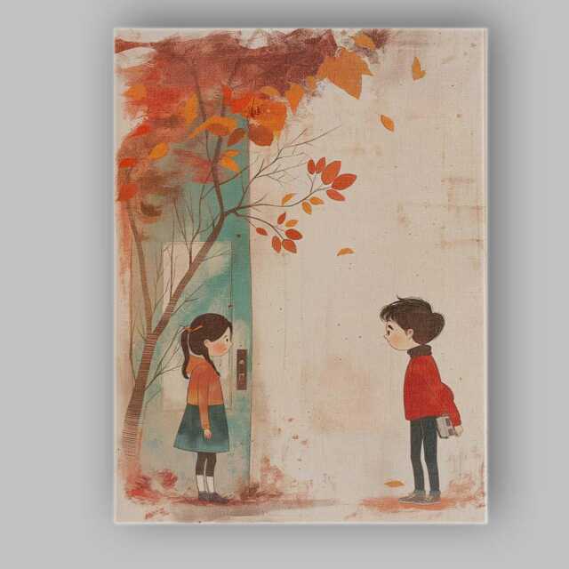 Autumn Childhood Friendship Falling Leaves Whimsical Illustration Canvas Wall Art Print Decor Picture Ready To Hang - image 1