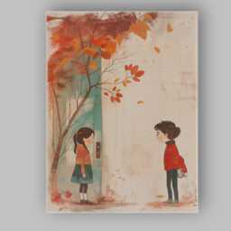 Autumn Childhood Friendship Falling Leaves Whimsical Illustration Canvas Wall Art Print Decor Picture Ready To Hang - thumbnail 1