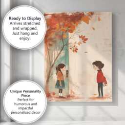 Autumn Childhood Friendship Falling Leaves Whimsical Illustration Canvas Wall Art Print Decor Picture Ready To Hang - thumbnail 3