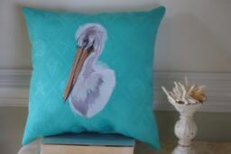 Embroidered Pelican Pillow - Shore Bird Beach Decor - thumbnail 1