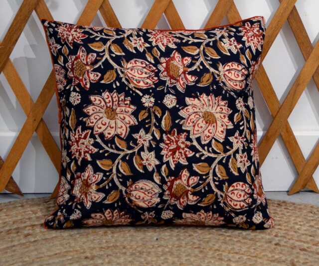Cushion 40x40cm - Handmade in France Blockprint Floral Cotton & Velvet - image 1
