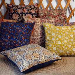 Cushion 40x40cm - Handmade in France Blockprint Floral Cotton & Velvet - thumbnail 2