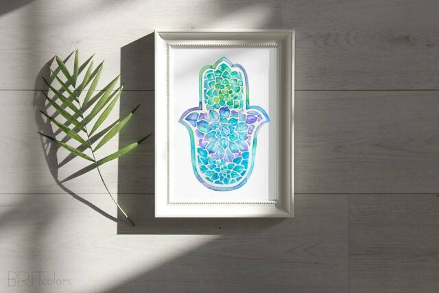 Hamsa Hand Wall Art Print - House Warming Gift Watercolor Judaica Hanging Jewish Wedding Rosh Hashanah - image 1