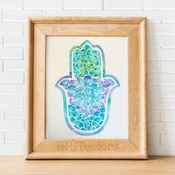Hamsa Hand Wall Art Print - House Warming Gift Watercolor Judaica Hanging Jewish Wedding Rosh Hashanah - thumbnail 3
