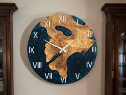 Custom Olive Wood & Turquoise Resin Wall Clock Live Edge Rustic Decor - thumbnail 1