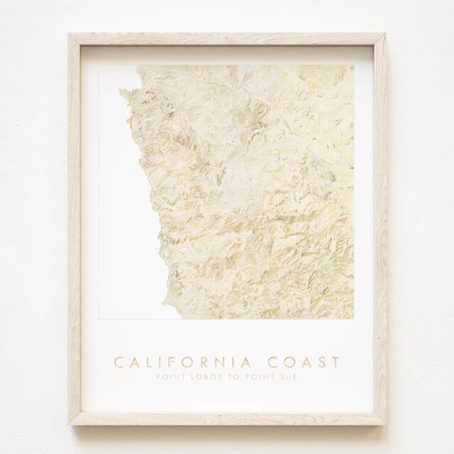 California Coast Point Lobos To Sur Hand Painted Topographical Watercolor Map - Art Print Anniversary Wedding Gift Pacific Mountains - image 1