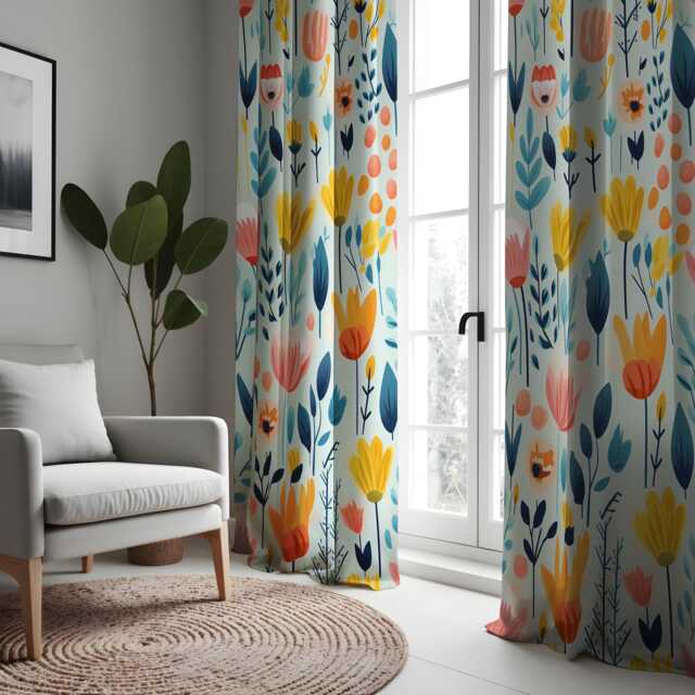 Colorful Floral Curtains, Modern Botanical Drapes, Yellow & Blue Flower Pattern Window Treatment, Custom Sizes Available - image 1