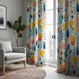 Colorful Floral Curtains, Modern Botanical Drapes, Yellow & Blue Flower Pattern Window Treatment, Custom Sizes Available - thumbnail 1