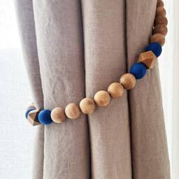 Wooden Bead Curtain Tiebacks Dark Wood & Blue Accent, Modern Drapery Holders - thumbnail 4
