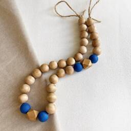 Wooden Bead Curtain Tiebacks Dark Wood & Blue Accent, Modern Drapery Holders - thumbnail 2