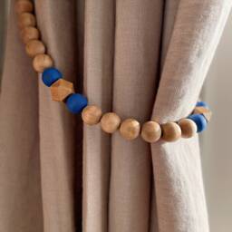 Wooden Bead Curtain Tiebacks Dark Wood & Blue Accent, Modern Drapery Holders