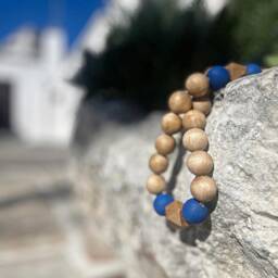 Wooden Bead Curtain Tiebacks Dark Wood & Blue Accent, Modern Drapery Holders - thumbnail 3