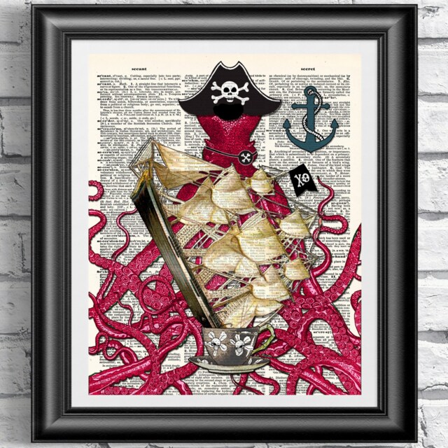 Pirate Octopus Art Print Nautical Antique Dictionary Page - image 1