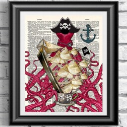Pirate Octopus Art Print Nautical Antique Dictionary Page - thumbnail 1