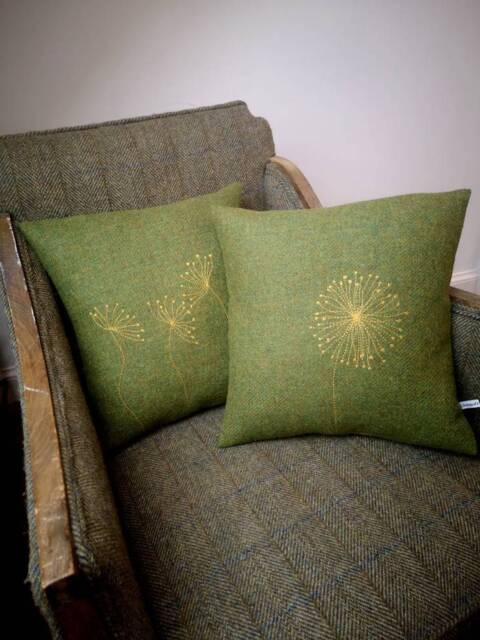 Hand Crafted Harris Tweed Floral Embroidered Cushion Cover - image 1