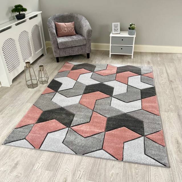 New Small Large Blush Pink Silver Grey Puzzle Design Area Rugs Mats - image 1