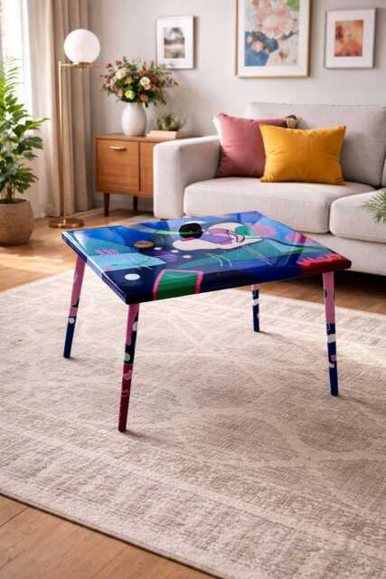 Colorful Abstract Epoxy Resin Wood Blue Coffee Table Handmade Art - image 1