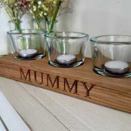 Personalised Oak Tealight Holder With Glass Cups - Rustic Wooden Candle Handmade Wedding Gift Home Decor 3 5 7 Sizes - thumbnail 3