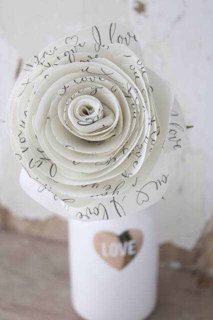 Rose Long Stem Flower, 2nd Wedding Anniversary Gift Of Cotton, Choose Colour, Printed Wording I Love You, Art Sculpture, Vase Not Included - image 1