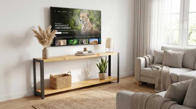 2-Tier Industrial Wood & Metal Shelving Unit Tv Console With Solid Shelves & Angle Steel Frame, Low Storage - image 1