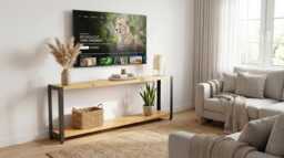 2-Tier Industrial Wood & Metal Shelving Unit Tv Console With Solid Shelves & Angle Steel Frame, Low Storage - thumbnail 1