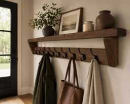 Walnut Waxed Coat Rack Shelf - 10 Hooks Entryway Storage Solution