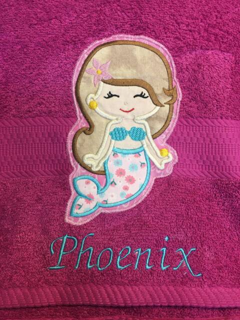 Embroidered Mermaid Bath Towel, Personalized Cotton Girl's Towel - image 1