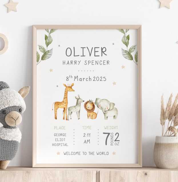 Personalised Baby Birth Stats Print New Keepsake Gift, Safari Animal Nursery Decor - image 1