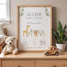 Personalised Baby Birth Stats Print New Keepsake Gift, Safari Animal Nursery Decor - thumbnail 2