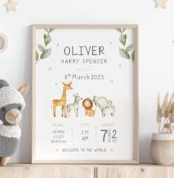 Personalised Baby Birth Stats Print New Keepsake Gift, Safari Animal Nursery Decor - thumbnail 1