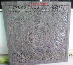 5Ft Large Queen Size Bed Bohemian Headboard Mandala Lotus Flower Wooden Hand Craved Teak Wood Wall Art Panels White Washed Thai Home Decor - thumbnail 4