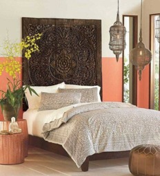 5Ft Large Queen Size Bed Bohemian Headboard Mandala Lotus Flower Wooden Hand Craved Teak Wood Wall Art Panels White Washed Thai Home Decor - thumbnail 2