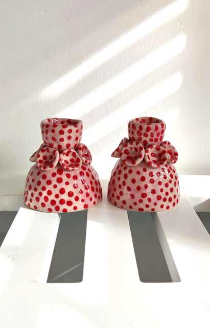 Handmade Ceramic Taper Candle Holder, Pink Red Polka Dot Decor - image 1