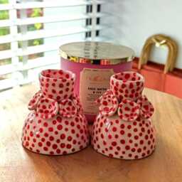 Handmade Ceramic Taper Candle Holder, Pink Red Polka Dot Decor - thumbnail 2